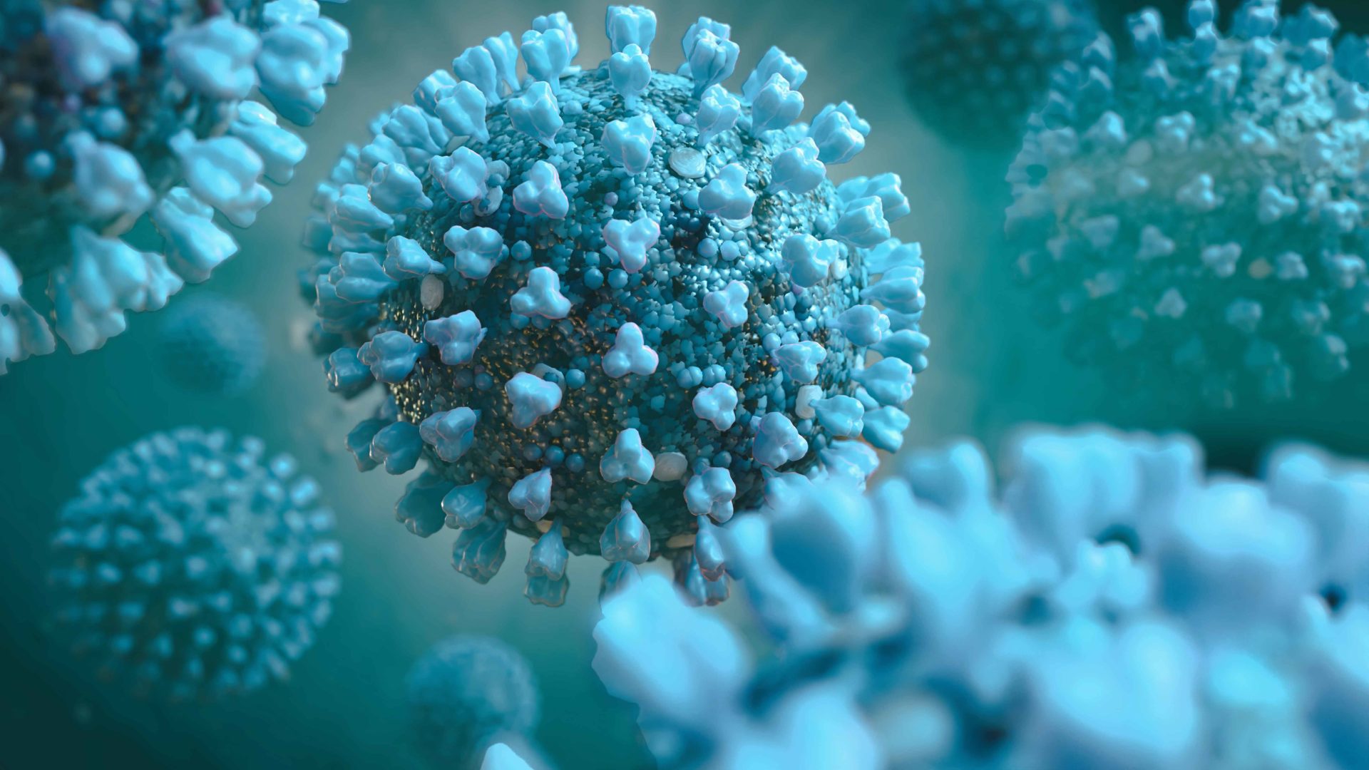 photo illustration of coronavirus in blue, black, and white